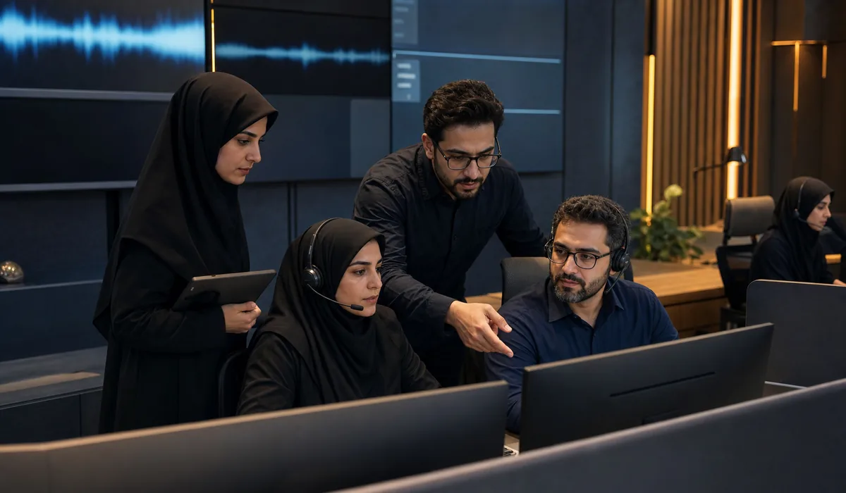تیم ایرانی مرکز تماس اپرابین با حضور کارشناسان زن با حجاب کامل در حال بررسی کیفیت مکالمات