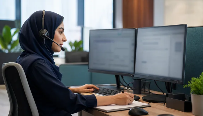 اپراتور مرکز تماس در حال ثبت دقیق اطلاعات تماس در محیط کاری حرفه‌ای