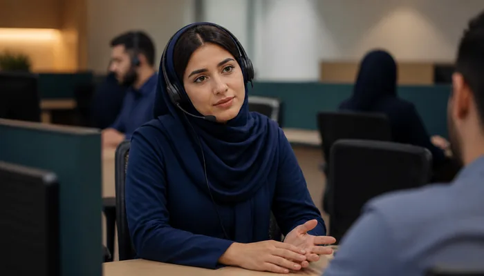 کارشناس پشتیبانی تلفنی در حال مدیریت آرام و همدلانه یک مکالمه دشوار
