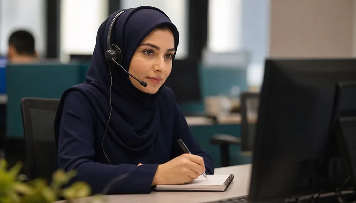 اپراتور مرکز تماس ایرانی در حال گوش‌دادن فعال و یادداشت نکات مشتری