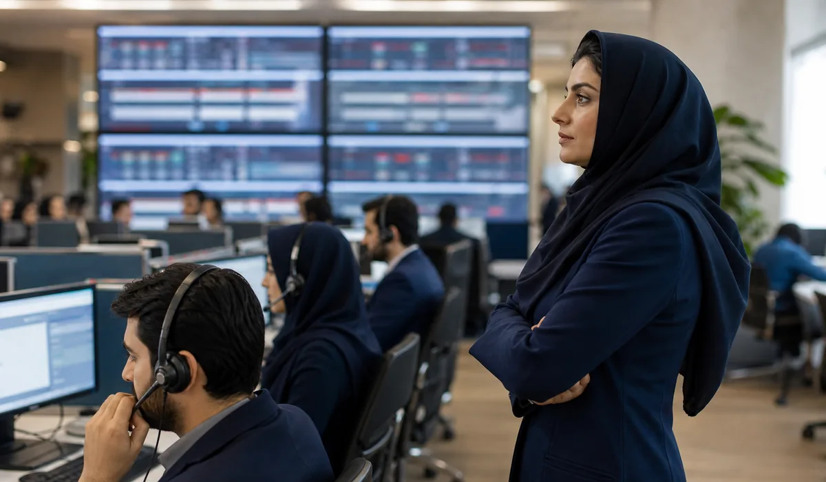 مدیر عملیات مرکز تماس ایرانی در حال پایش فشار صف و پاسخ‌گویی اپراتورها