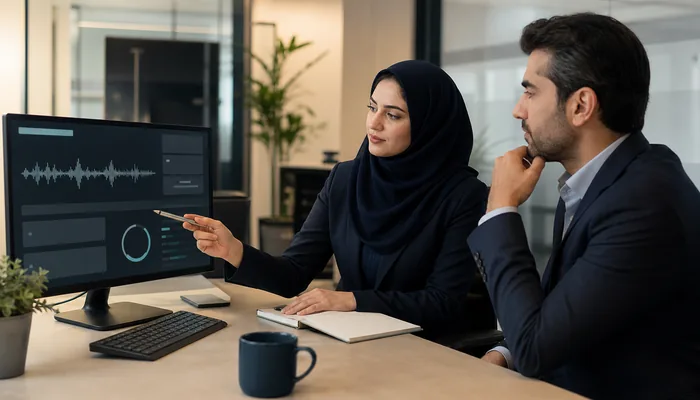 جلسه بازبینی انسانی نتیجه تحلیل یک تماس در تیم کنترل کیفیت