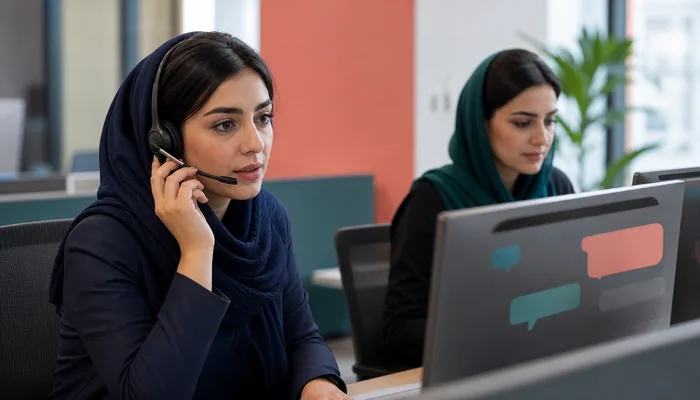 کارشناس مرکز تماس در حال گفت‌وگوی هدفمند و ثبت زمینه مشتری