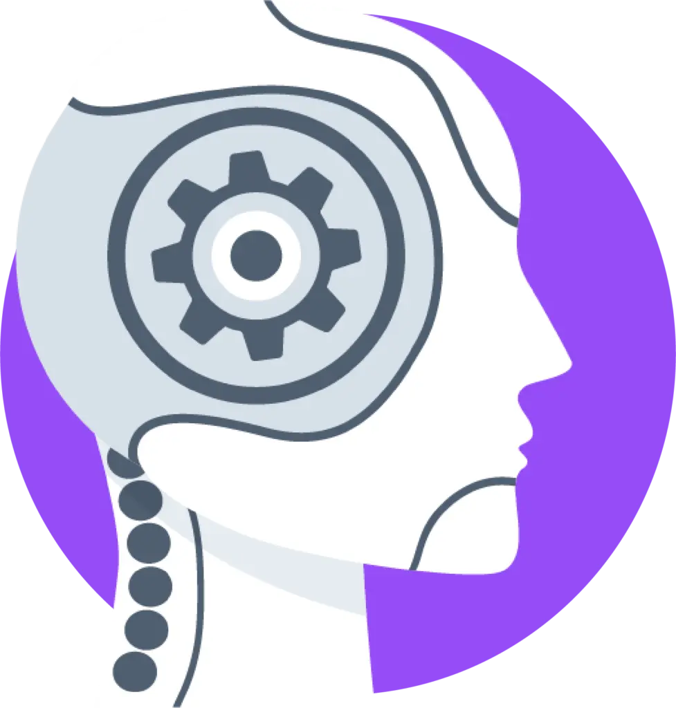 Side view illustration of a robot head with a gear inside, representing artificial intelligence and machine thinking