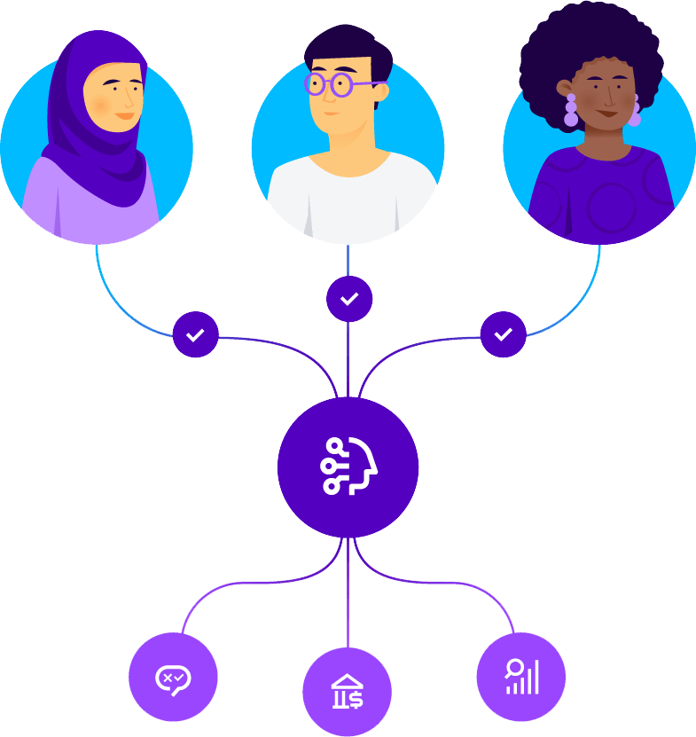 Illustration of diverse users connected to an AI assistant symbol, representing multilingual and inclusive customer support powered by artificial intelligence