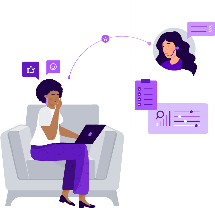 Illustration of a woman sitting on a sofa with a laptop, communicating with a remote customer support agent, surrounded by icons representing feedback, analytics, and task management