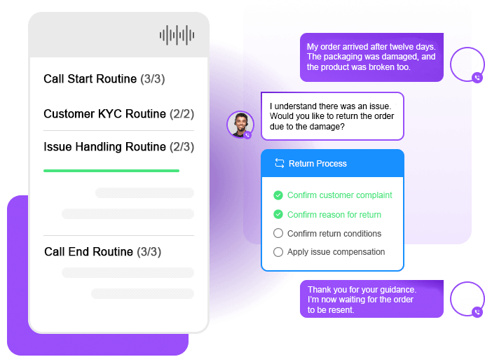 Interface showing a step-by-step complaint handling flow with voice call stages, customer messages, and agent responses in Persian
