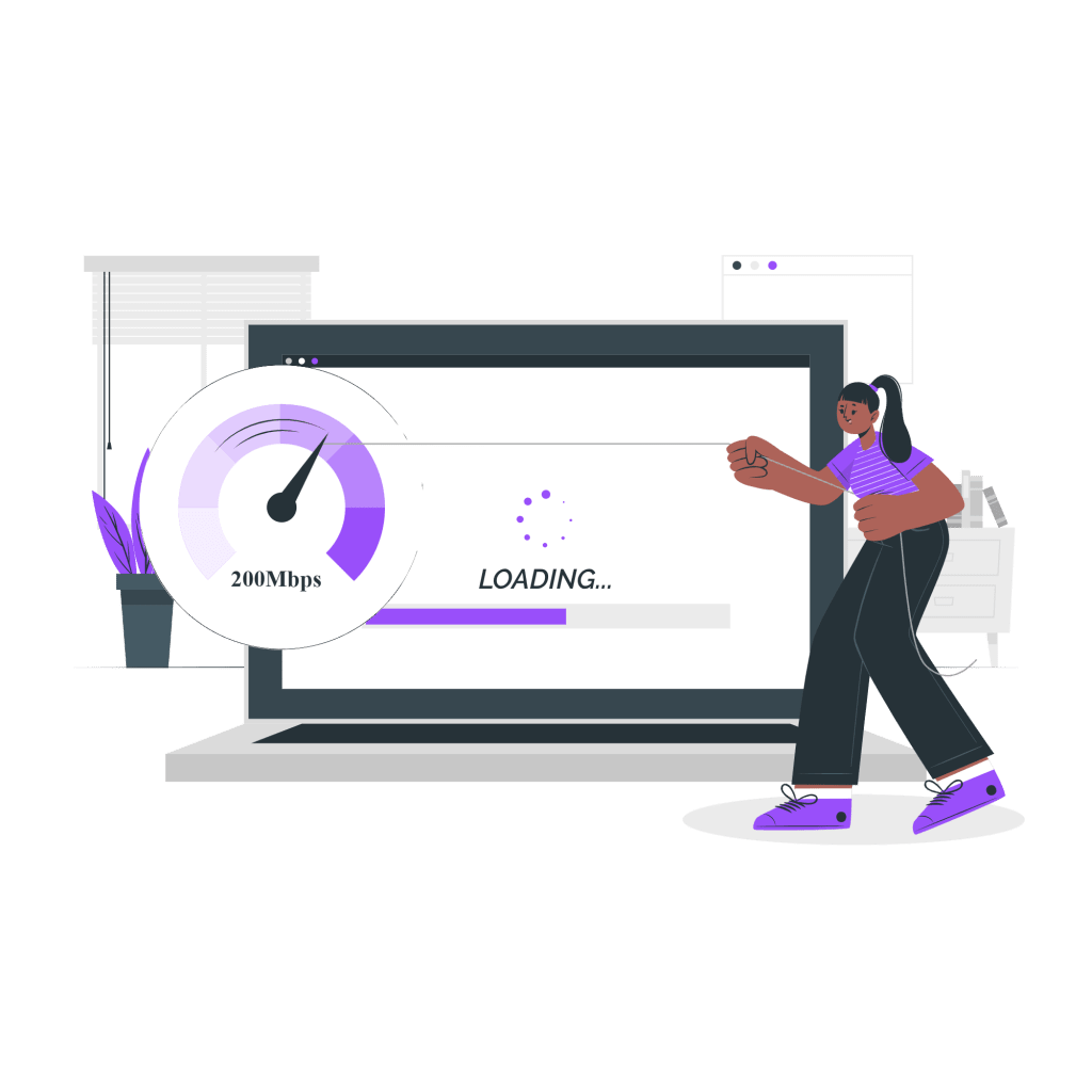 Vector image showing a woman next to a laptop with a 200 Mbps speed gauge and a loading screen, representing fast processing and internet performance
