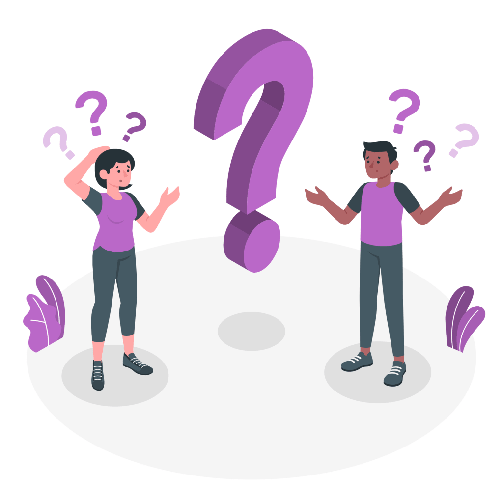 Illustration of confused man and woman surrounded by question marks, representing uncertainty or lack of information
