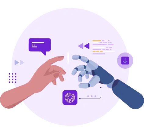 Illustration of a human hand and a robotic hand reaching toward each other, symbolizing human-AI collaboration