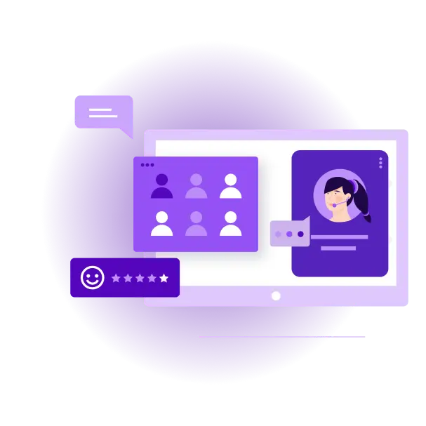 Illustration of a user interface showing customer profiles, messages, and a 5-star feedback rating
