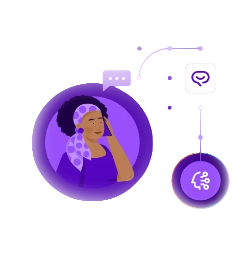 Illustration of a woman using a voice assistant with AI icons representing smart conversation and empathy