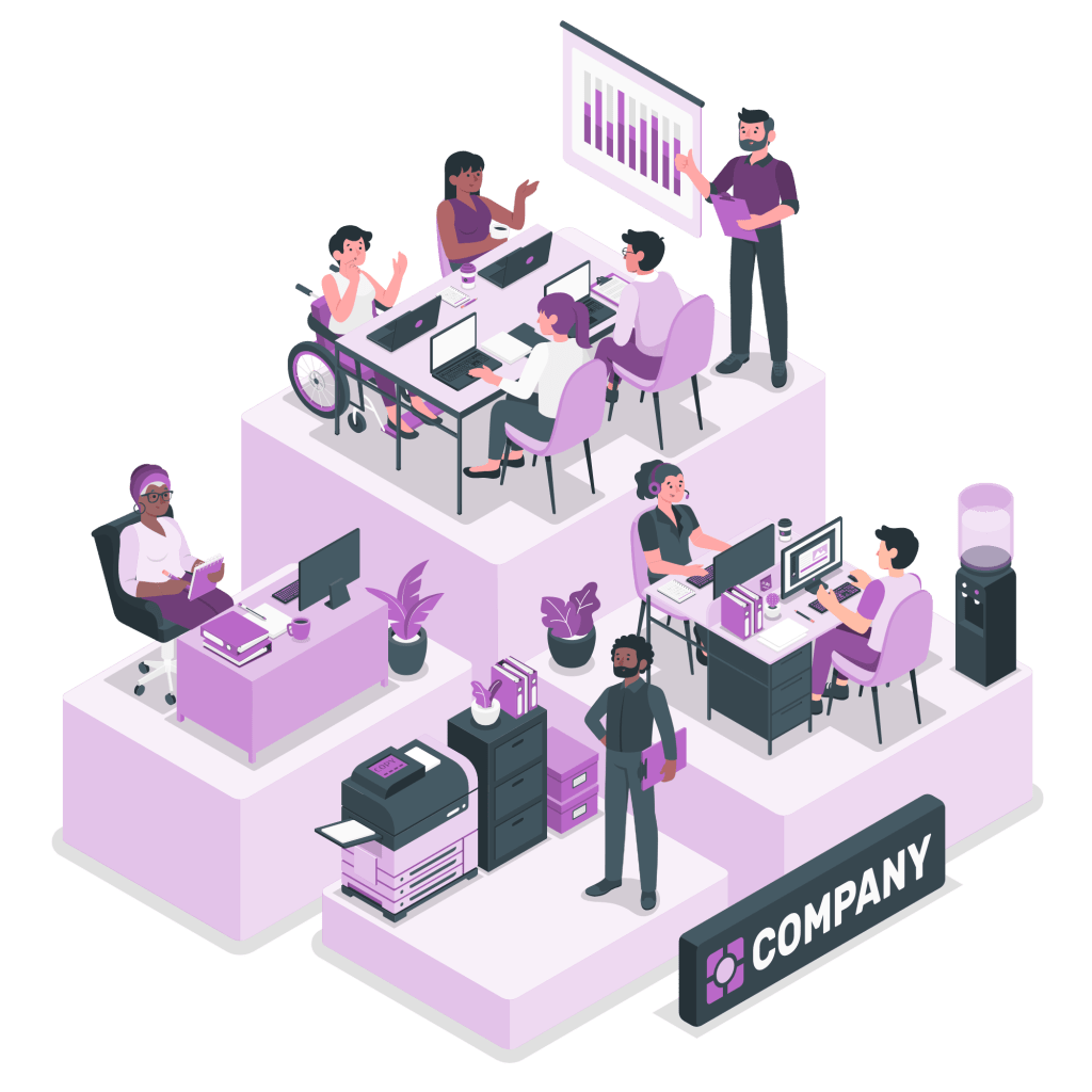 Isometric illustration of a modern office environment with employees working in different departments, symbolizing productivity and collaboration