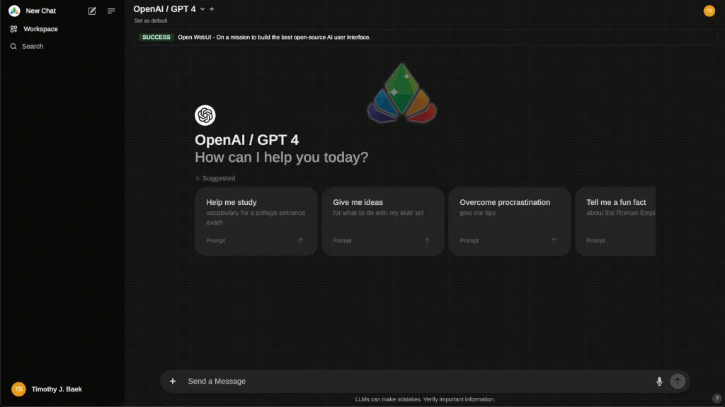 Screenshot of Open WebUI interface for GPT-4, showing AI assistant options and dark theme design