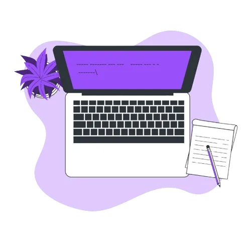 Flat design of a workspace with a laptop, notebook, pen, and a plant, representing remote work or content creation