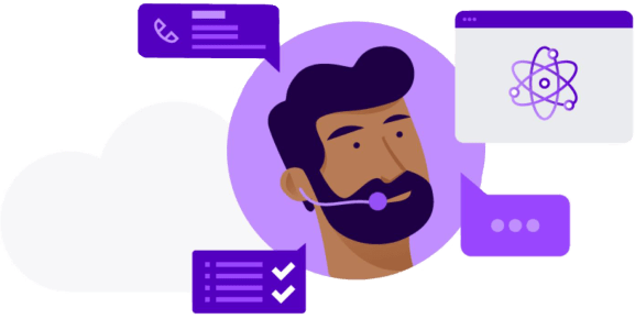 Illustration of a male support agent with a headset, surrounded by icons representing call details, task checklists, and data analysis, symbolizing smart customer service in the cloud