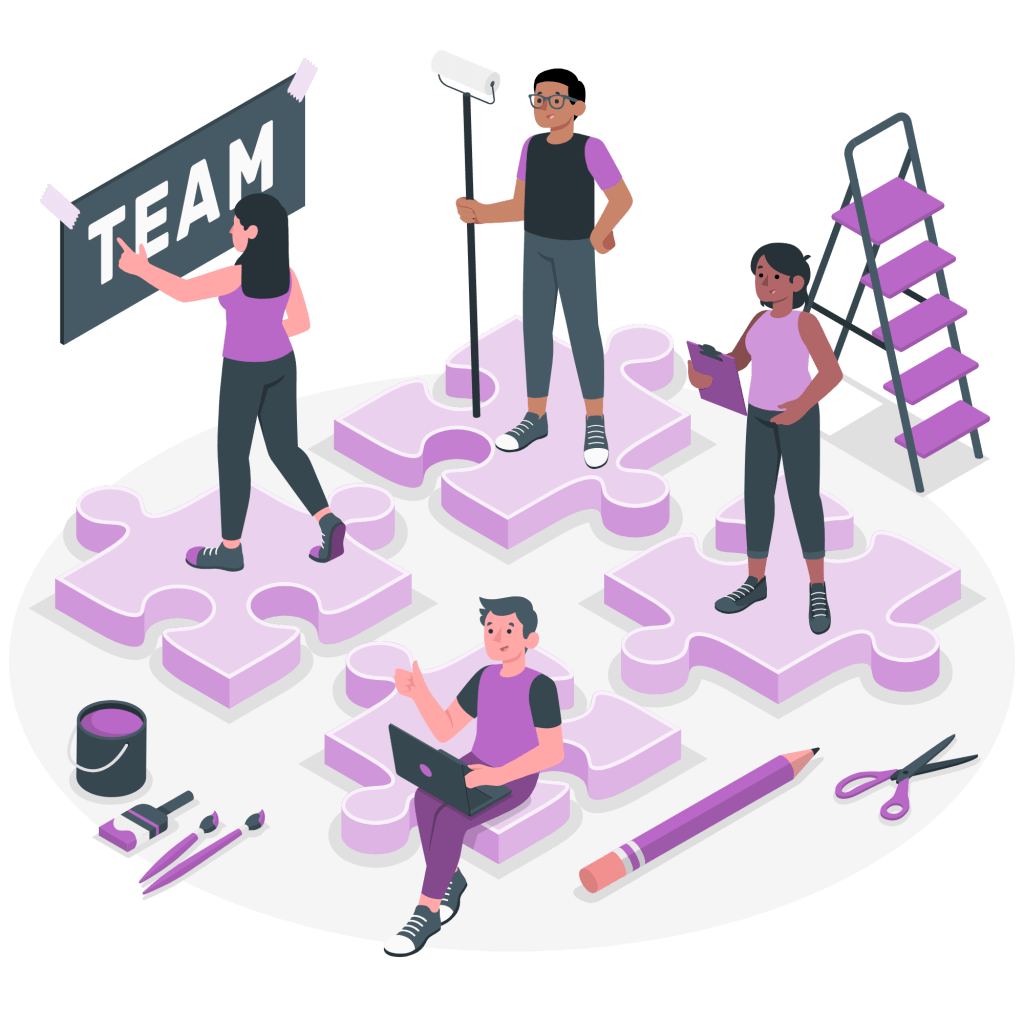 Vector image of diverse team members working together on giant puzzle pieces, symbolizing teamwork and collaboration