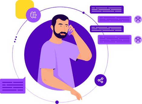 Vector image of a man talking on the phone with AI-powered interaction and chatbot responses around him