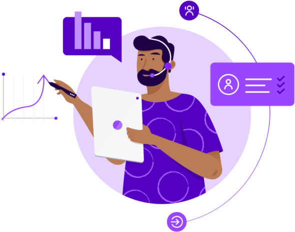 Illustration of a support agent using a tablet with charts and profile icons, representing data-driven customer service and analytics
