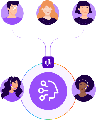 Illustration showing AI-based call routing connecting multiple diverse users through smart voice technology