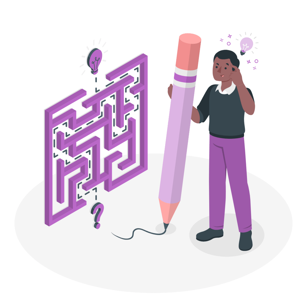 Illustration of a person solving a maze with a giant pencil, representing problem solving and finding creative solutions