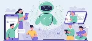 چت‌بات کارتونی مبتنی بر هوش مصنوعی در حال تعامل با کاربران از طریق دستگاه‌های مختلف دیجیتال