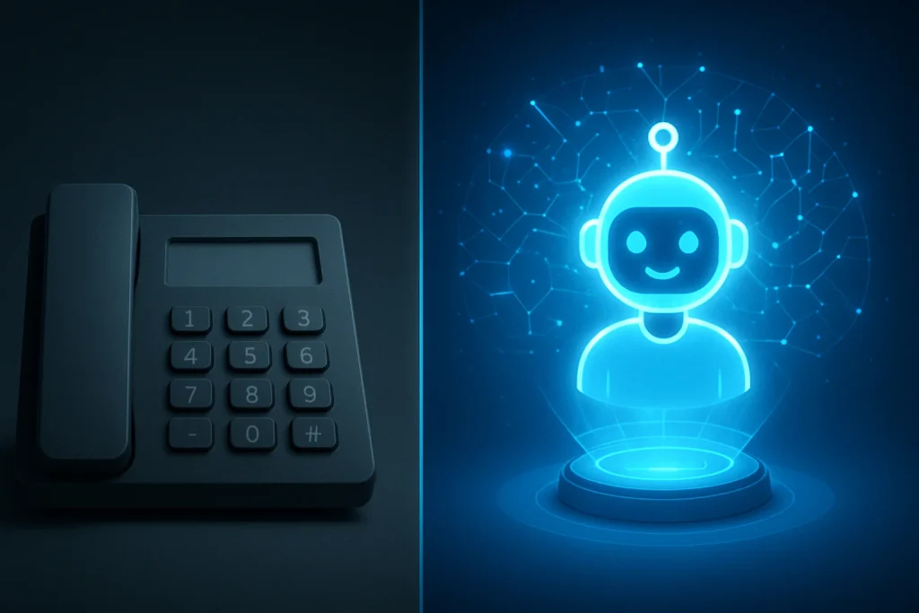 نمایی گرافیکی از IVR سنتی با تلفن کلیددار در کنار IVA پیشرفته به صورت هولوگرافیک، نشان‌دهنده تفاوت IVA و IVR در مراکز تماس