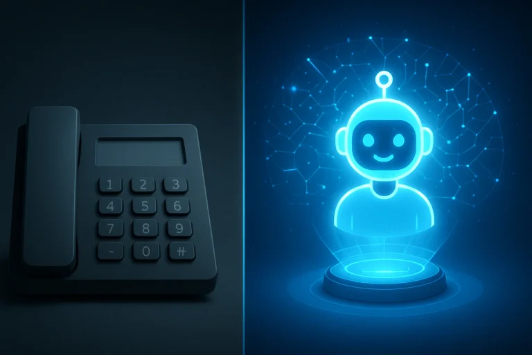 نمایی گرافیکی از IVR سنتی با تلفن کلیددار در کنار IVA پیشرفته به صورت هولوگرافیک، نشان‌دهنده تفاوت IVA و IVR در مراکز تماس